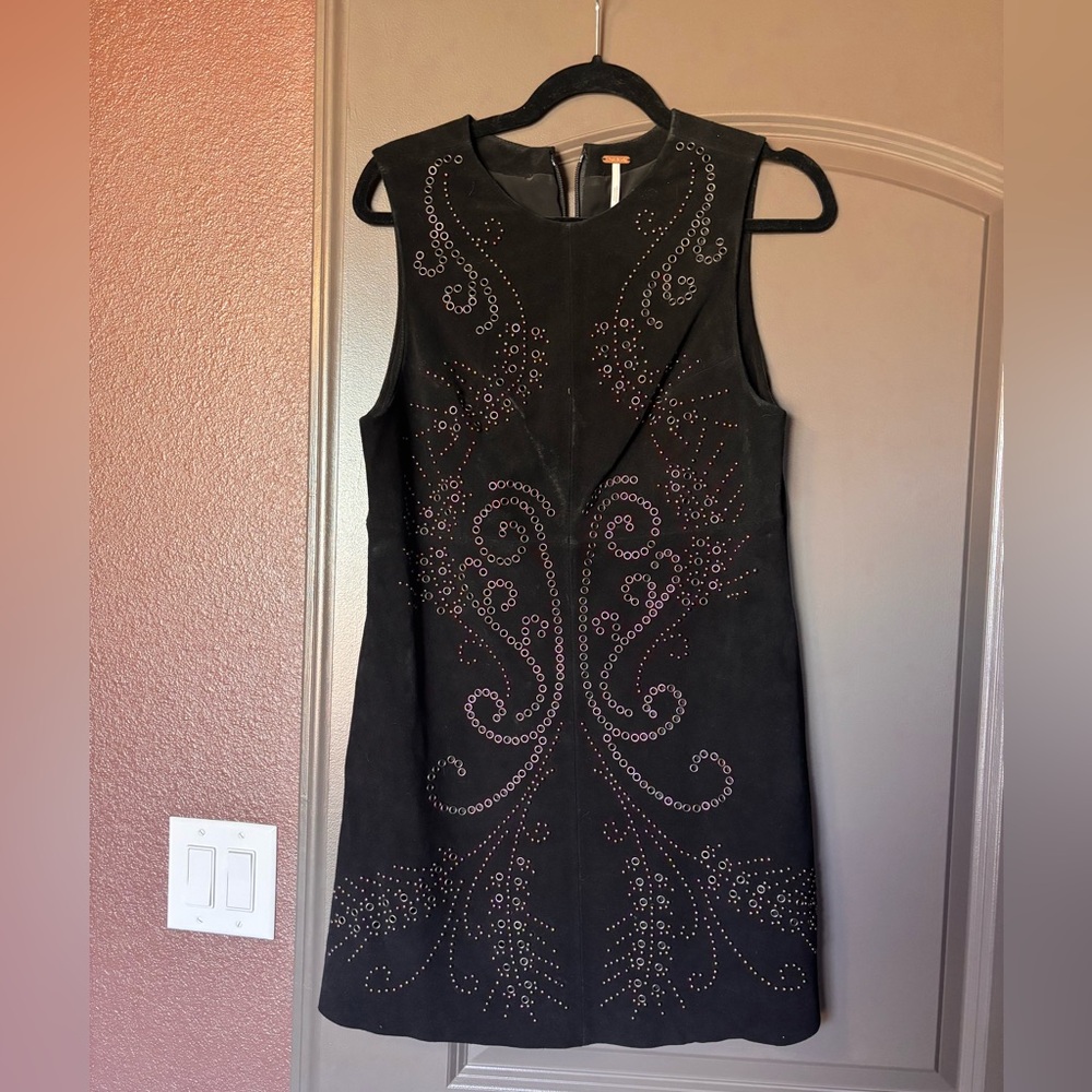 Western 100% Cow Leather Black Mini Dress with Eyelet Design